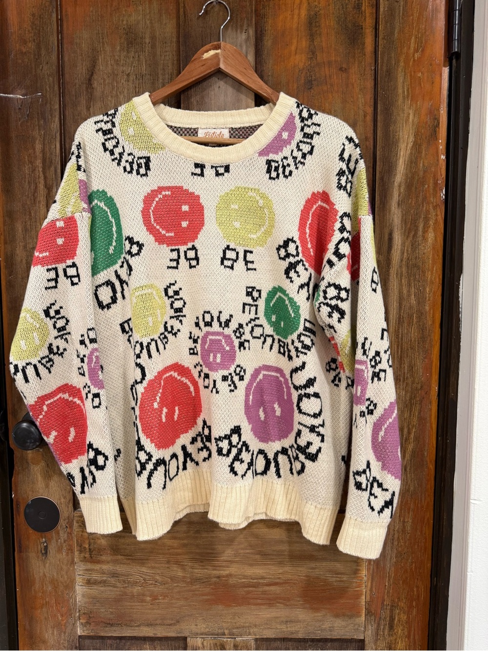 Women’s Cream Graphic Smiley Crewneck Sweater with Multicolor Accents
